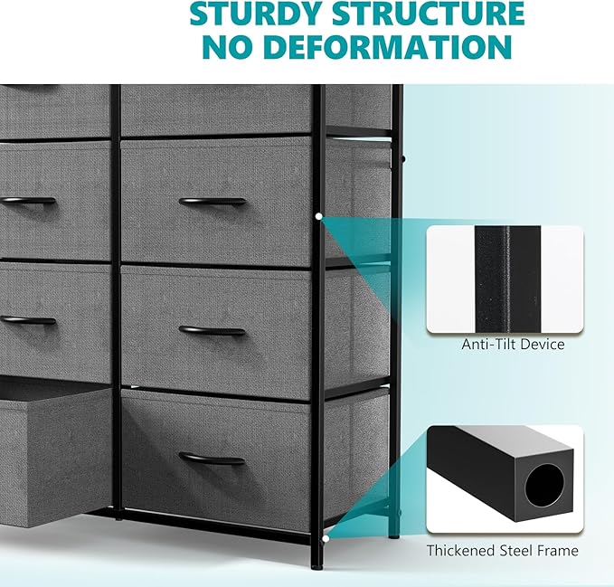 OLIXIS Dresser for Bedroom, 8 Storage Fabric Drawers, Metal Frame and Wooden Top, Tall Storage Drawer Dresser for Closet with Easy Pull Handles for Living Room, Entryway, Small Space Grey