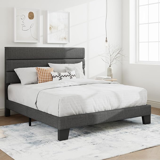 SHA CERLIN Queen Platform Bed Frame with Upholstered Fabric Headboard, Mattress Foundation with Strong Wooden Slats Support, No Box Spring Needed, Grey