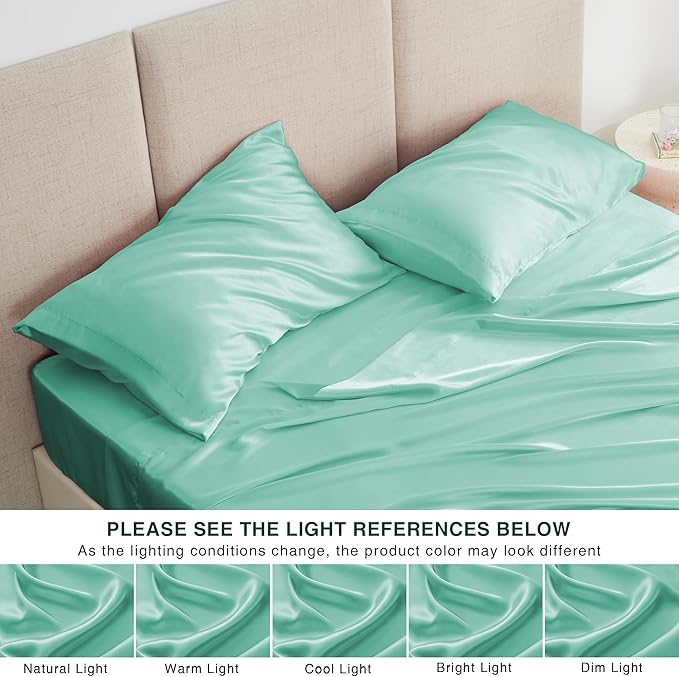 Love's cabin Satin Queen Sheets Set - 4 Piece Aqua Silky Bed Sheets with Deep Pocket, Luxury Silk Feel Satin Queen Size Sheet Set (1 Flat Sheet,1 Fitted Sheet,2 Pillow Cases)
