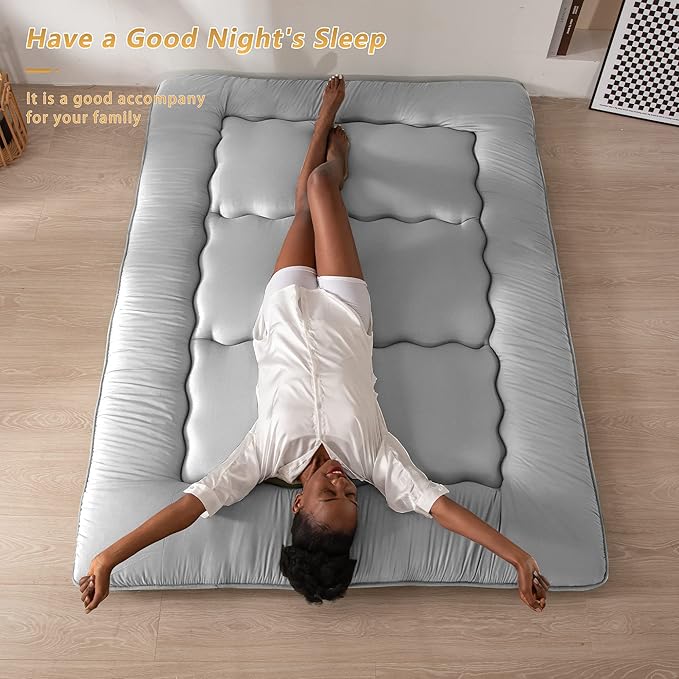 MAXYOYO Japanese Floor Mattress Futon Mattress, Thicken Daybed Sleeping Pad Foldable Roll Up Boys Girls Dormitory Kids Lounger Bed Couch and Sofa, Grey, Full