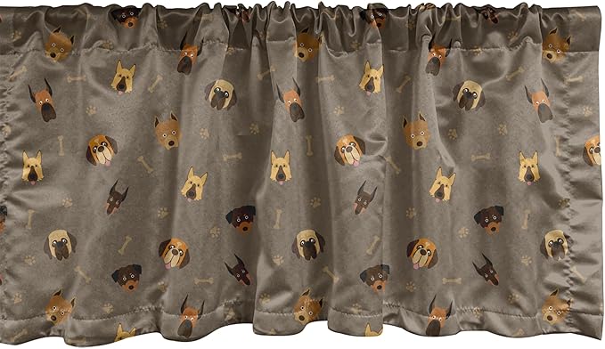 Ambesonne Dog Lover Window Valance, Repetitive Pattern of Pet Heads Paw Prints and Bones, Curtain Valance for Kitchen Bedroom Decor with Rod Pocket, 42" x 12", Taupe