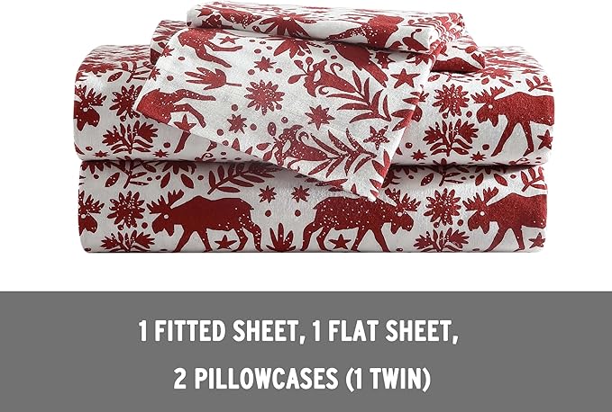 Eddie Bauer 3 Pc Flannel Sheets Twin Size - 100% Cotton Breathable & Soft Twin Sheets Set (1 Flat, 1 Flannel Fitted Sheet & 1 Pillowcase) - 12" Deep Pocket All Seasons Sheet Set (Arcadia Red)