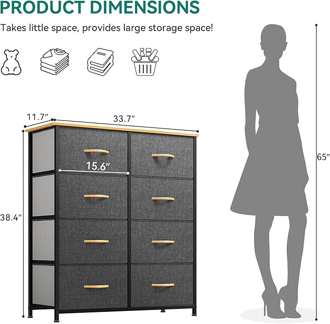 YITAHOME Fabric Dresser with 8 Drawers - Tall Storage Dresser, Chest of Drawers for Closet, Living Room, Hallway, Closets - Sturdy Steel Frame, Wooden Top & Easy Pull Fabric Bins