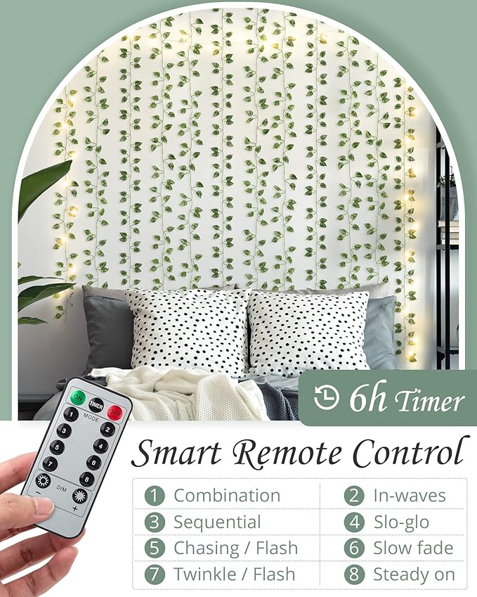 JACKYLED 80Ft 12 Pack Artificial Ivy Garland, Pothos Money Leaves with CE Certified 80 LED String Lights, Hanging Ivy Lights for Bedroom Garden Party Wall Room Decor