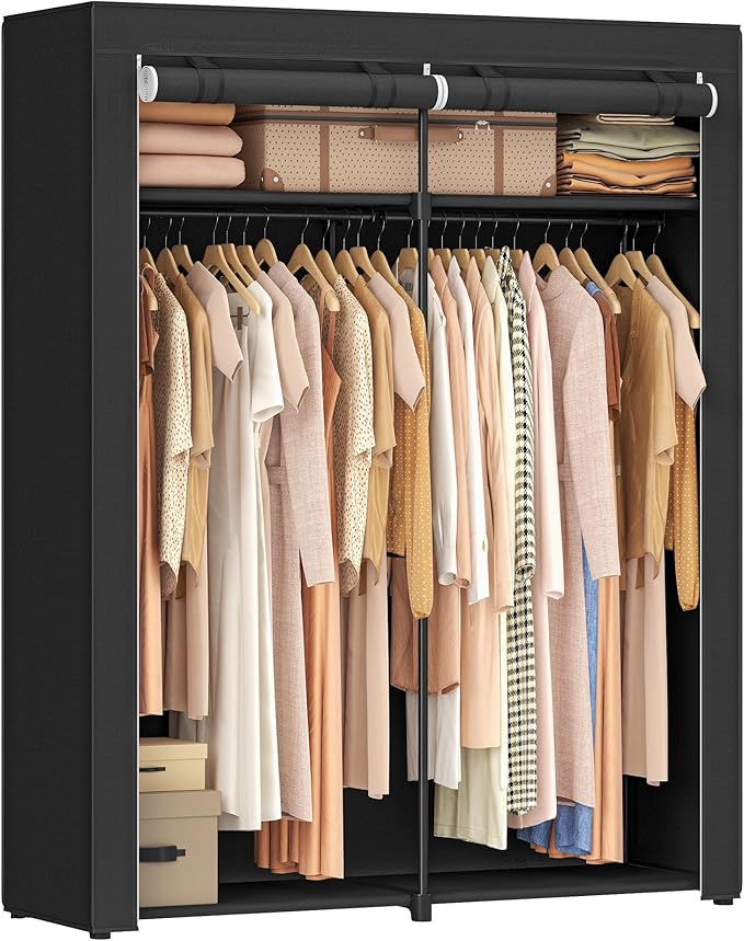 SONGMICS Closet Wardrobe, Portable Closet for Bedroom, Clothes Rail with Non-Woven Fabric Cover, Clothes Storage Organizer, 55.1 x 16.9 x 68.5 Inches, Black URYG02BK