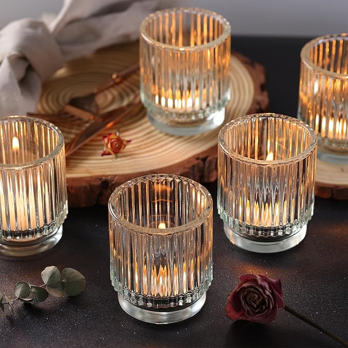 DEVI 8pcs Clear Glass Votive Candle Holder Decor, Boho Candle Holder for Wedding Decorations, Centerpiece Table Decorations for Valentine, Vintage Mothers Day Home Party Table Decorations
