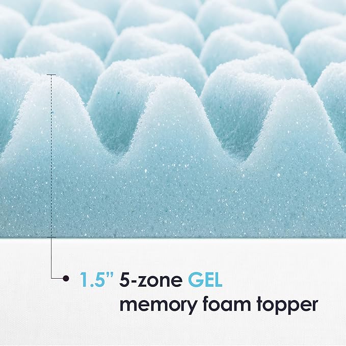 Mellow 1.5 Inch 5-Zone Memory Foam Mattress Topper, Cooling Gel Infusion, Queen, Blue