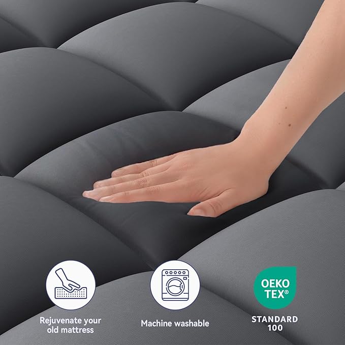 ELEMUSE Cal King Grey Mattress Topper for Back Pain, Extra Thick Mattress Pad Cover, Plush Soft Pillowtop with Elastic Deep Pocket, Overfilled Down Alternative Filling