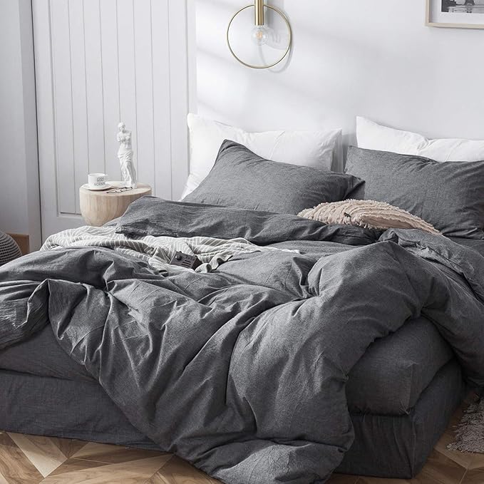 MooMee Bedding Duvet Cover Set 100% Washed Cotton Linen Like Textured Breathable Durable Soft Comfy (Heathered Dark Grey, Palatial King/Oversized King 120"x98")
