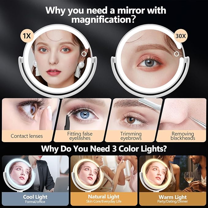MIYADIVA Makeup Mirror with Lights, 30X Magnifying Mirror with Light and Touch Switch, Vanity Mirror with 3 Color Light and 80 LEDs, Height Adjustable Desk Mirror with Lights, White