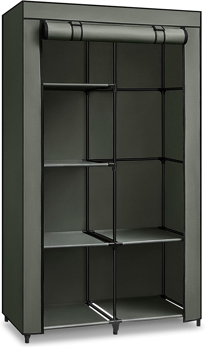 SONGMICS Portable Closet, 34.6 Inch Large Capacity Wardrobe Closet Organizer with Fabric Cover, Hanging Rods and Shelves, 34.6 x 17.7 x 66.1 Inches, for Bedroom, Living Room, Sage Green URYG084C02