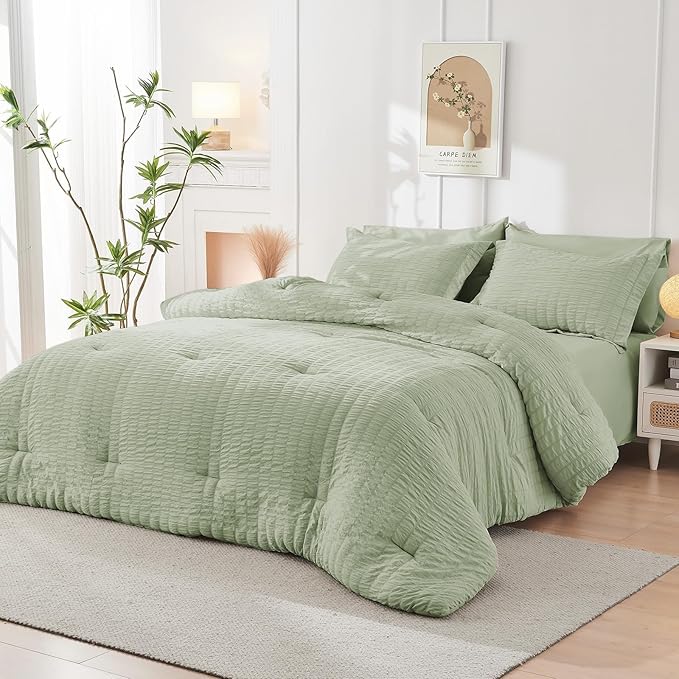 HYMOKEGE Light Green Full Size Comforter Sets Seersucker 7 Pieces, All Season Luxury Bed in a Bag for Bedroom, Bedding Set with Comforters, Sheets, Pillowcases & Shams