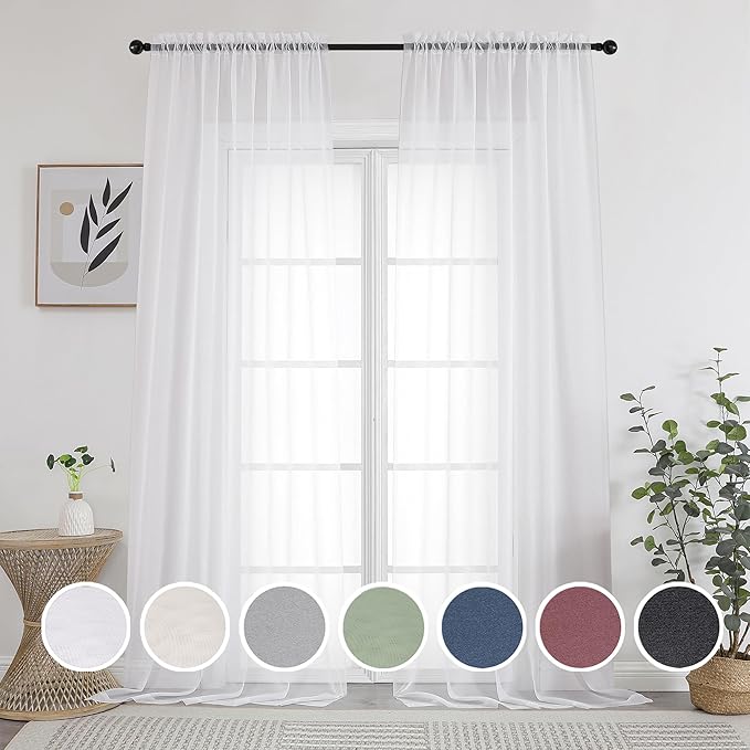 OWENIE White Sheer Curtains 108" inches Length 2 Panels Set, Sheer Curtains Rod Pocket Voile Drapes for Living Room, Airy Soft-Touching Drapes, 2 PCS Panels, Each 42" W x 108" L