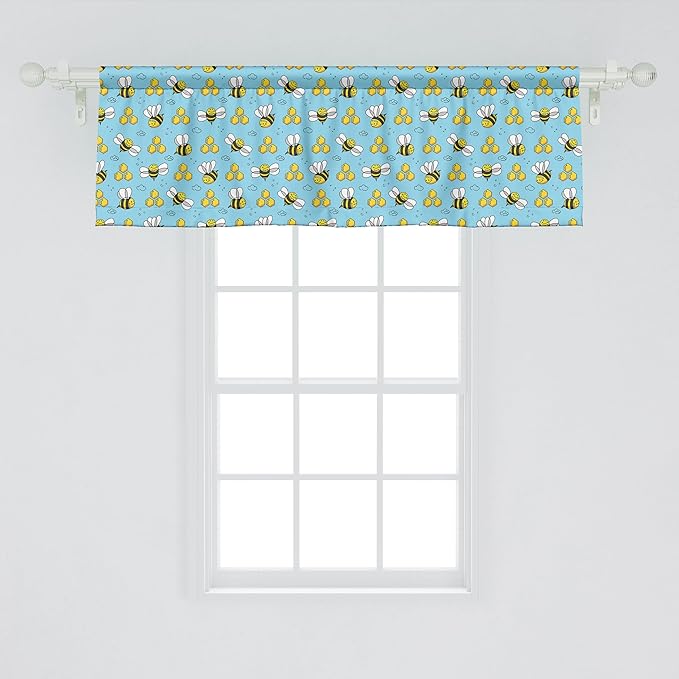 Ambesonne Cartoon Window Valance, Summer Style Funny Demonstration of Happy Flying Characters and Hexagon Comb, Curtain Valance for Kitchen Bedroom Decor with Rod Pocket, 42" x 18", Sky Blue Mustard