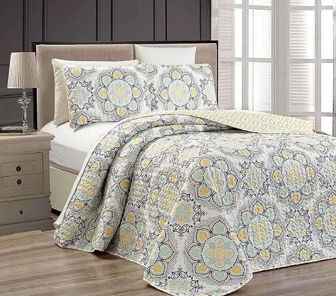 Fancy Collection 3 Pc Bedspread Bed Cover Over Size New (King/California King, Yellow Medallion)