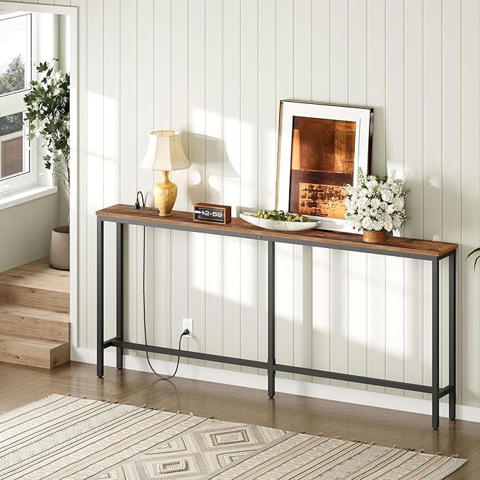 70.9'' Console Table with Power Outlet, Narrow Sofa Table, Industrial Entryway Table with USB Ports, Behind Couch for Entryway, Hallway, Foyer, Living Room, Rustic Brown CTHR18E01Z1
