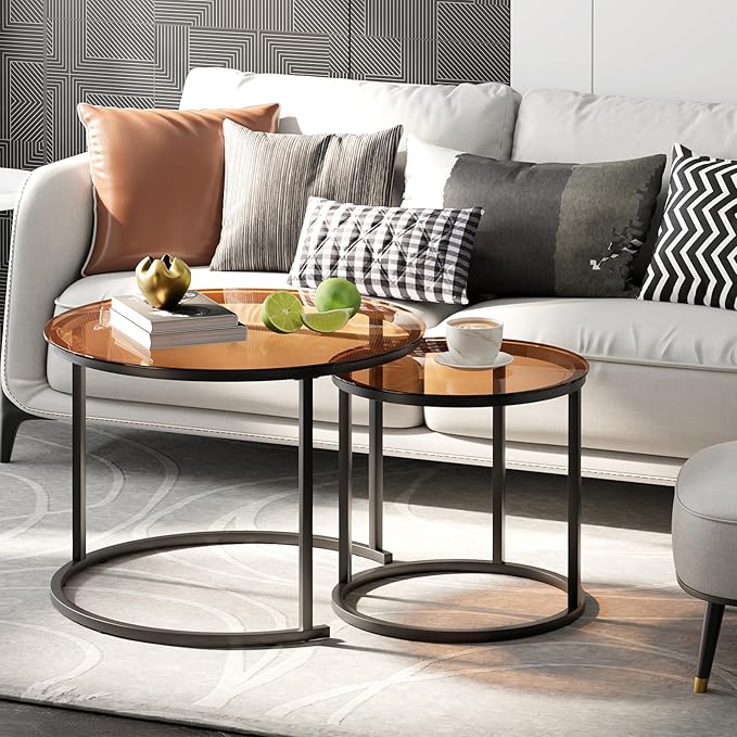 aboxoo Nesting Coffee Table Set of 2, Small Round Glass Nesting Tables for Living Room Bedroom, Accent Tea Table with Metal Frame Modern Industrial Simple