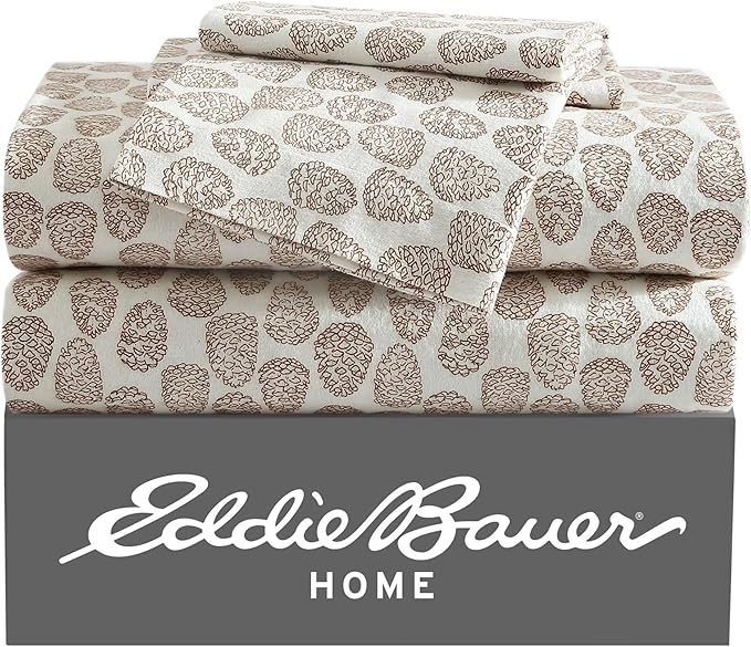 Eddie Bauer - Queen Sheets, Cotton Flannel Bedding Set, Brushed For Extra Softness, Cozy Home Decor (Little Creek Pine Cone Beige, Queen)