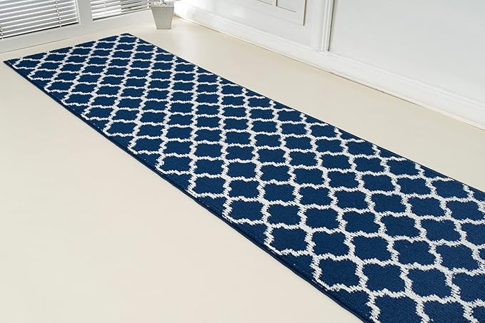 Custom Size Cut to Length Moroccan Trellis Design Runner Rug Mat For Wide Long Hallways with Non-Slip Rubber Backing, Better Traction for Pets, Prevent Slippage, Trellis Navy Blue, 31 inch X 11 feet