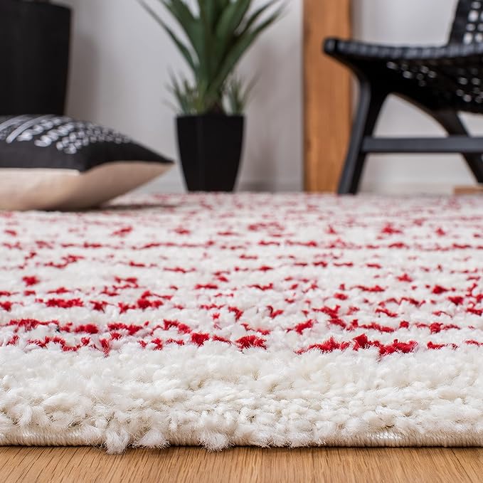 SAFAVIEH Arizona Shag Collection Area Rug - 6'7" x 9'2", Ivory & Red, Moroccan Design, Non-Shedding & Easy Care, 1.6-inch Thick Ideal for High Traffic Areas in Living Room, Bedroom (ASG741P)