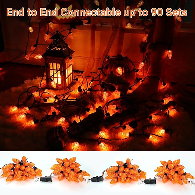 Brizled C9 Orange Lights, 16ft 25 LED Halloween Lights Connectable, UL Certified Orange Light String, Outdoor Lighting Black Wire for Halloween Thanksgiving Tree Patio Garden Party