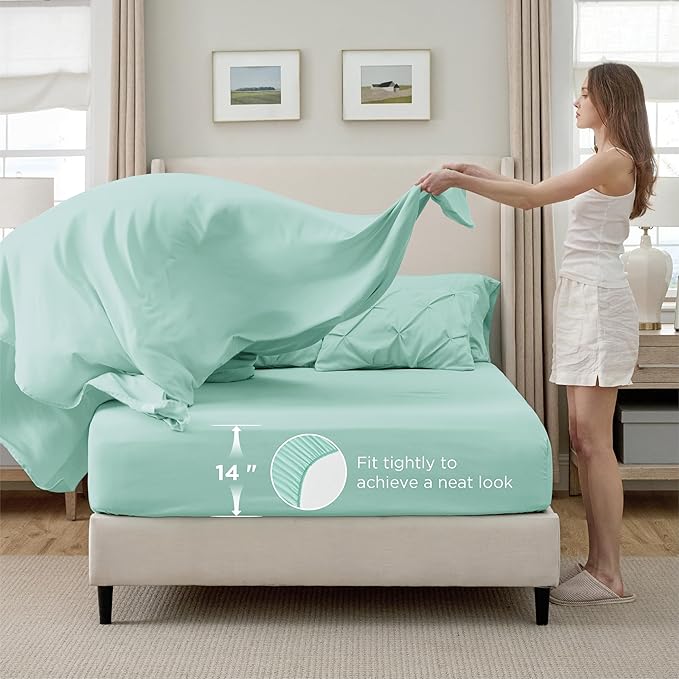 Bedsure Twin Comforter Set Mint Green - Bed in a Bag Twin Size Bedding 5 Pieces, GentleSoft™ Pintuck Bed Set Gift for Family, Pinch Pleat Mint Green Comforter with Sheets, Pillowcase & Sham