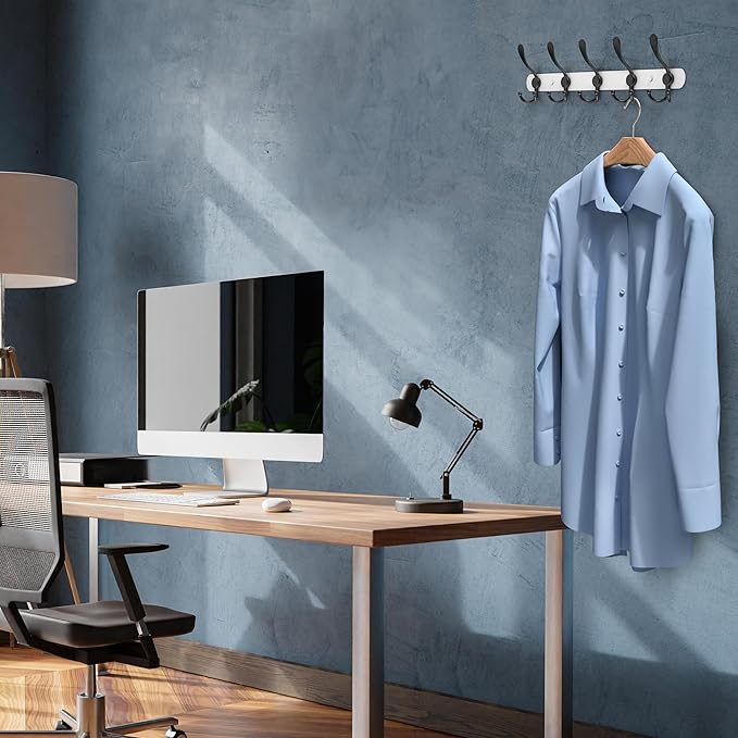 Coat Rack Wall Mount with 5 Tri Hooks, Stainless Steel 16 Inch – White & Black Matte Finish, Heavy Duty Wall Mounted Hook Rack for Coats, Hats, Towels, Scarves, Robes, Bags, Entryway & Bathroom