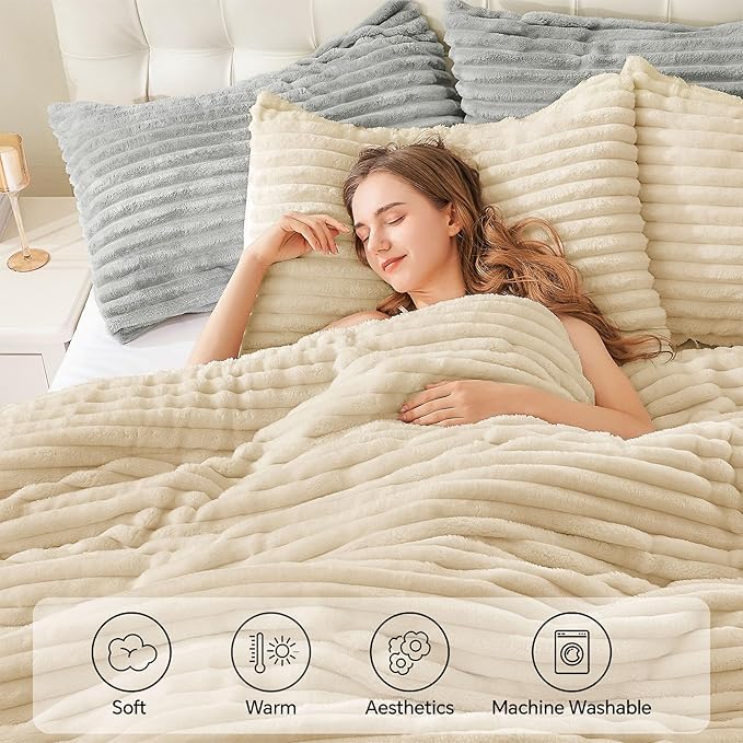 BEDELITE Fleece Twin Comforter Set -Super Soft & Warm Fluffy Beige Bedding, Luxury Fuzzy Heavy Bed Set for Winter with 1 Pillow case