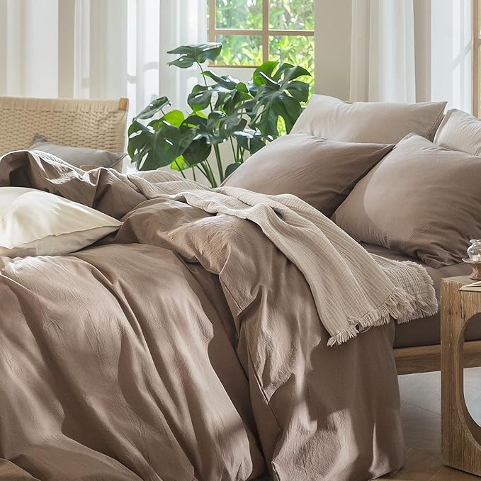 MooMee Bedding Duvet Cover Set 100% Washed Cotton Linen Like Textured Breathable Durable Soft Comfy (Solid Brown, Alaska King 132"x120")