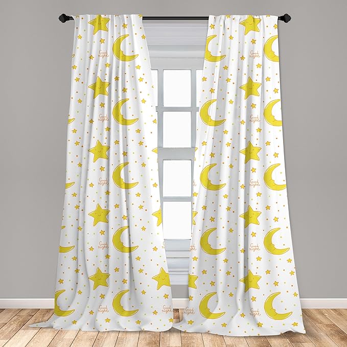 Ambesonne Yellow and White Curtains, Sleeping Crescent Moon and Stars Pattern Night Time Cartoon Illustration, Window Treatments 2 Panel Set for Living Room Bedroom, Pair of - 28" x 84", Pale Yellow
