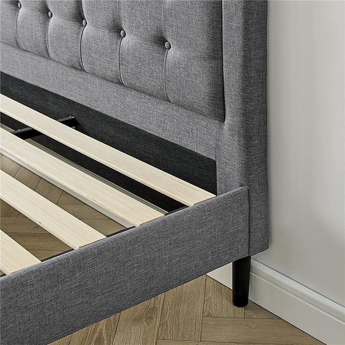 Decoro Mornington 2.0 Upholstered Platform Bed | Headboard and Metal Frame with Wood Slat Support, Grey, Queen Size