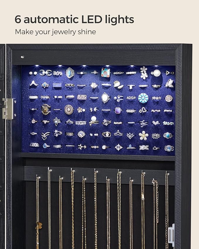 SONGMICS 6 LEDs Mirror Jewelry Cabinet, 47.2-Inch Tall Lockable Wall or Door Mounted Jewelry Armoire Organizer with Mirror, 2 Drawers, Christmas Gift, 3.9 x 14.6 x 47.2 Inches, Black