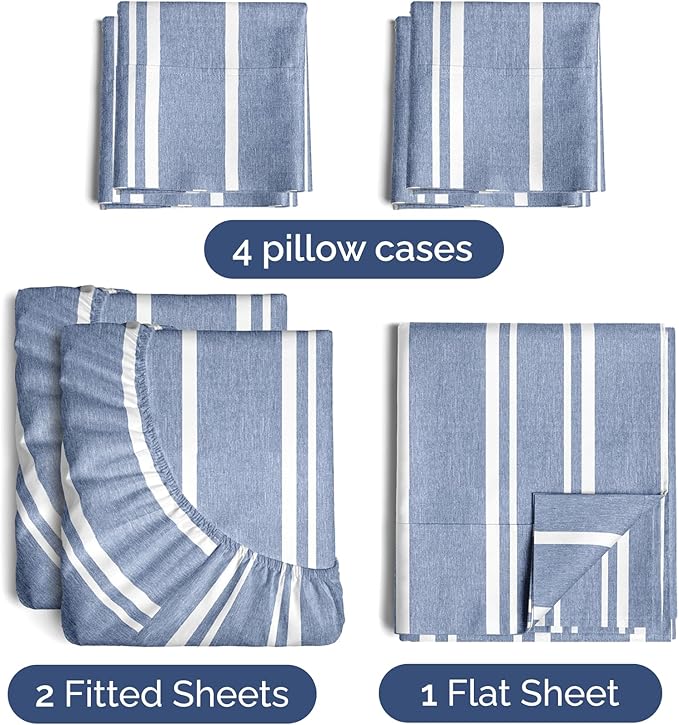 Split King 7 Piece Sheet Set - Comfy Breathable & Cooling - Soft Hotel Luxury Bedding Set w/ 8-16 Inch Deep Pockets - 1 Flat & 2 Fitted Sheet & 4 Pillowcases - Cozy and Wrinkle Free - Blue Stripes 3