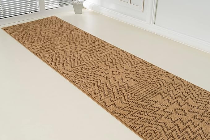 Custom Length Cut to Size Tribal Ethnic Southwestern Inspired Hallway Runner Rug, Non Slip Rubber Backed, 31 inch Wide X Customized Length, Inca Tan, 31 inch X 10 feet