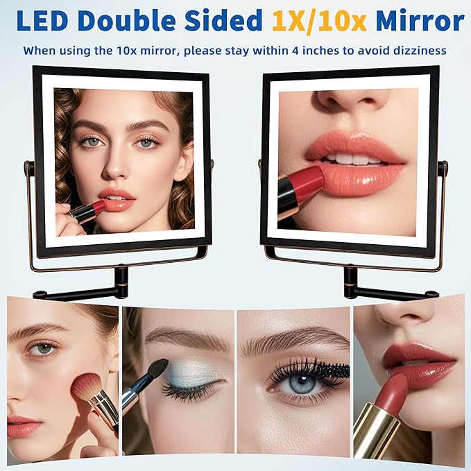 Ruacq Rechargeable Wall Mounted Makeup Mirror with Lights, Double Sided 1X/10X Magnifying Vanity Mirror with 3 Color Lights, Touch Screen Dimmable, 360° Rotation Foldable Arm (Oil Rubbed Bronze)