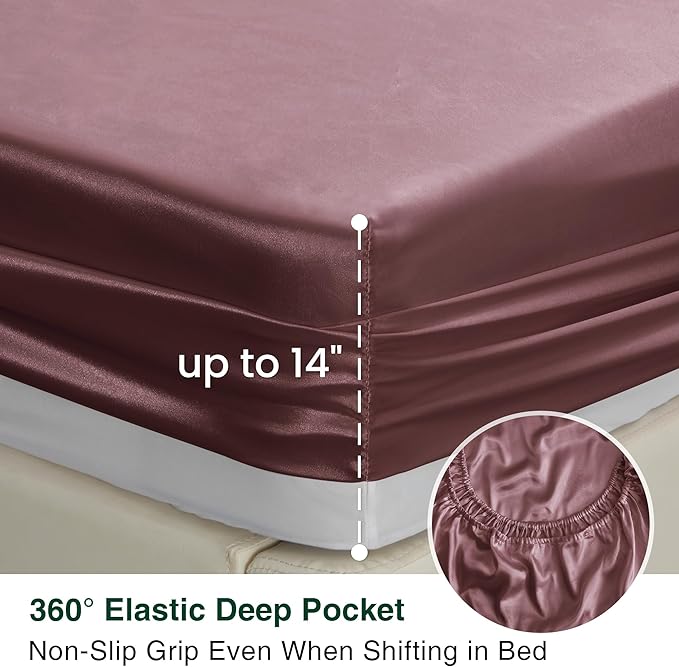 Love's cabin Full Size Satin Sheet Sets - 4 Piece Rose Taupe Silky Sheet Set Full with Deep Pocket, Luxury Silk Feel Bed Sheets Full Bedding Set (1 Flat Sheet,1 Fitted Sheet,2 Pillow Cases)