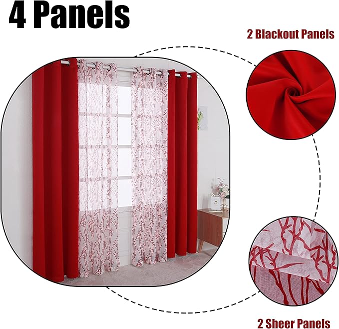 BONZER Mix and Match Curtains - 2 Pieces Branch Print Sheer Curtains and 2 Pieces Blackout Curtains for Bedroom Living Room Grommet Window Drapes, 37x84 Inch/Panel, Red, Set of 4 Panels