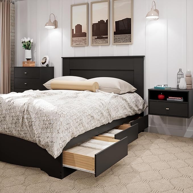 Prepac Stylish Flat Wood Panel Headboard for Queen Size Beds, Simplistic Wooden Queen Headboard 2.25" D x 64.5" W x 48" H, Black, BHFQ-1301-1