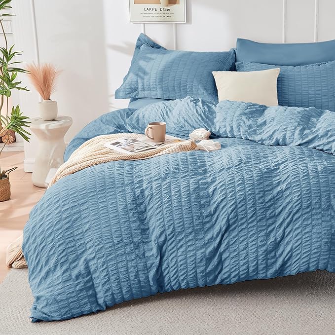 HYMOKEGE Mineral Blue Full Size Comforter Sets Seersucker 7 Pieces, All Season Luxury Bed in a Bag for Bedroom, Bedding Set with Comforter, Sheets, Pillowcases & Shams
