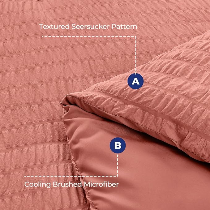 HYMOKEGE Coral Twin Comforter Set Seersucker 5 Pieces, All Season Luxury Bed in a Bag for Bedroom, Bedding Set with Comforter, Sheets, Pillowcase & Sham