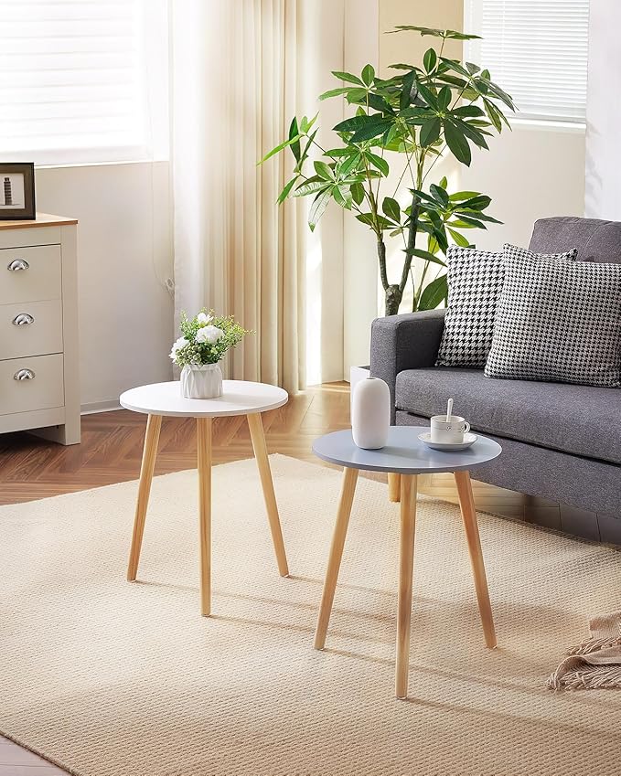 Apicizon Round Side Table Set of 2, White Nightstand Coffee End Table for Living Room, Bedroom, Small Spaces, Modern Home Decor Bedside Table with Natural Wood Legs, 16.5 Inches