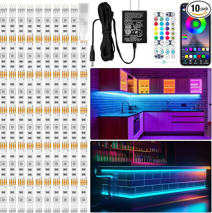 LAFULIT 10 PCS RGB Under Cabinet Lights Kit, App and Remote Control Led Strip Lights, Music Sync Color Changing Led Lights, Plug in Light for Cabinet, Counter, Shelf, Bookcase, 13ft