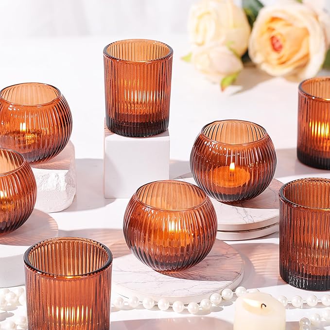 Amber Votive Candle Holders Set of 10, Round Amber Candle Holders Bulk for Tea Light Candle, Fall Centerpieces for Tables, Ribbed Candle Votives for Wedding, Various Parties & Vintage Decor & Gift