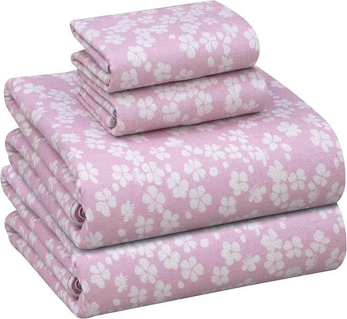 RUVANTI Flannel Sheets Full Size - 100% Cotton Double Brushed Bed Sheets Set, Deep Pockets 16 Inches, All Seasons Breathable & Extra Soft Full Sheets, Warm & Cozy, 4 Piece, Pink Flora
