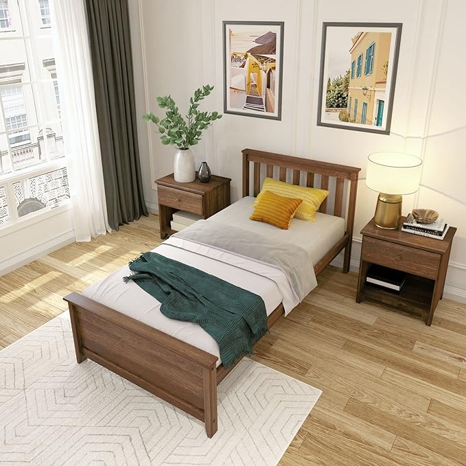 Plank+Beam Solid Wood Twin Bed Frame, Platform Bed with Headboard, Walnut