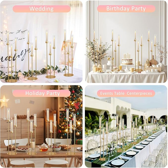 Vincidern 4pcs Gold Candelabra 3 Arm Taper Candle Holders with Acrylic Shades, Decorative Metal Candlestick Holders for Wedding Table Centerpiece, Halloween,Christmas, Party, Events Decor