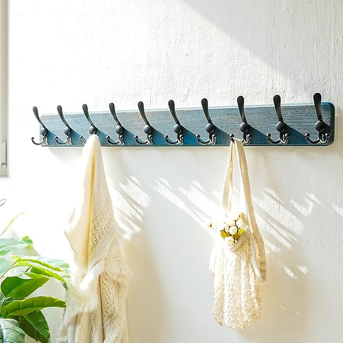 Dseap Coat Rack Wall - Heavy-Duty 38-1/4" Long, with Reinforced 10 Custom Tri-Hooks, Solid Wood Wall Hanger for Coats Hat Jackets - Rustic Farmhouse Entryway Hallway Storage, Weathered Blue & Black