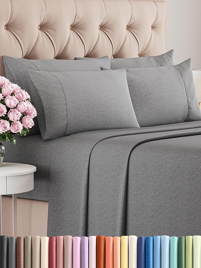 King 6 Piece Sheet Set - Comfy Breathable & Cooling - Soft Hotel Luxury Bedding Set with 8-16 Inch Deep Pockets - 1 Flat & 1 Fitted Sheet & 4 Pillowcases - Wrinkle Free & Easy Care - Heathered Grey