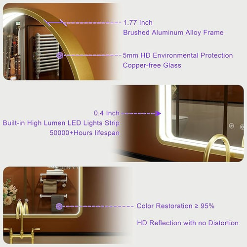 20x30 Inch Arched LED Bathroom Mirror with Lights, Adjustable 3000K/4500K/6000K, Wall Mounted Gold Frame Lighted Bathroom Vanity Mirror, Anti-Fog, Dimmable, Memory Function