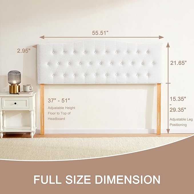 Tufted Upholstered Headboard Full Size, Sturdy and Durable Solid Wood Full XL headboard, Fabric Headboard Adjustable Height from 37” to 51”, Modern Button Diamond Design Head Board, White
